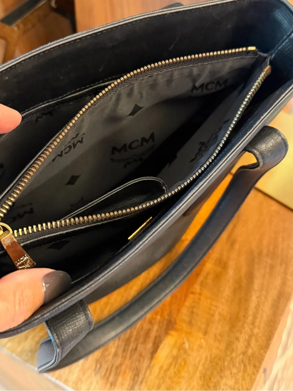 MCM Black Leather satchel zipper Tote with Gold charms + gold Logo Plaque C2072